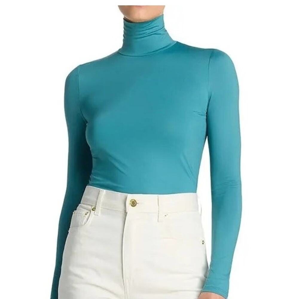 Saint St. John Collection Line Nuda Long Sleeve Turtleneck Teal Small Stretch
